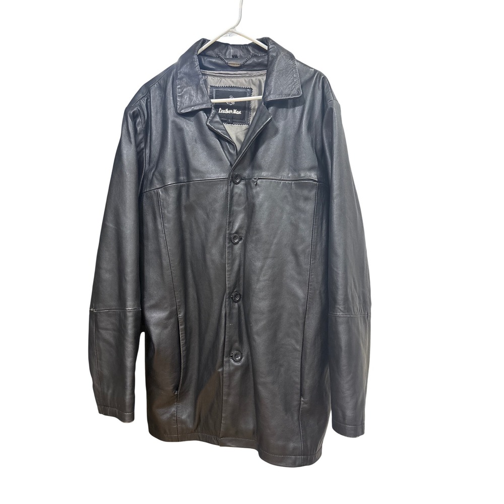 Leather Man Mens Black Genuine Leather Car Coat Jacket Button Front Size Large